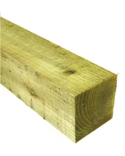 Close-up view of a 100mm x 100mm treated timber fence post, showcasing its natural wood grain and smooth, square-cut ends. Ideal for garden fencing, landscaping, and outdoor construction projects