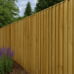 A photograph captures a garden scene featuring a traditional wooden featheredge board fence with a natural green-treated finish, providing privacy and a rustic backdrop to the lush planting and manicured lawn